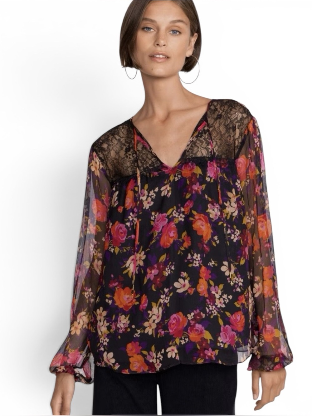 Johnny Was Jade Flora Silk Blouse Black Floral Lace SZ Medium Neck Tie Gauzy EUC